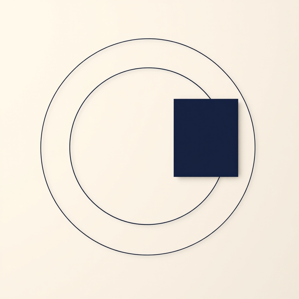 Abstract illustration: two thin circles with a solid blue square resting on the edge